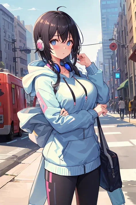 1 girl,big breasts, 
outdoor,cityscape, street,Are standing,cowboy shot, (Black hair with blue shine)、
(hoodie),Wrap the headphones around your neck, 
blush,