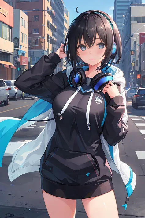 1 girl,big breasts, 
outdoor,cityscape, street,Are standing,cowboy shot, (Black hair with blue shine)、
(hoodie),Wrap the headphones around your neck, 
blush,