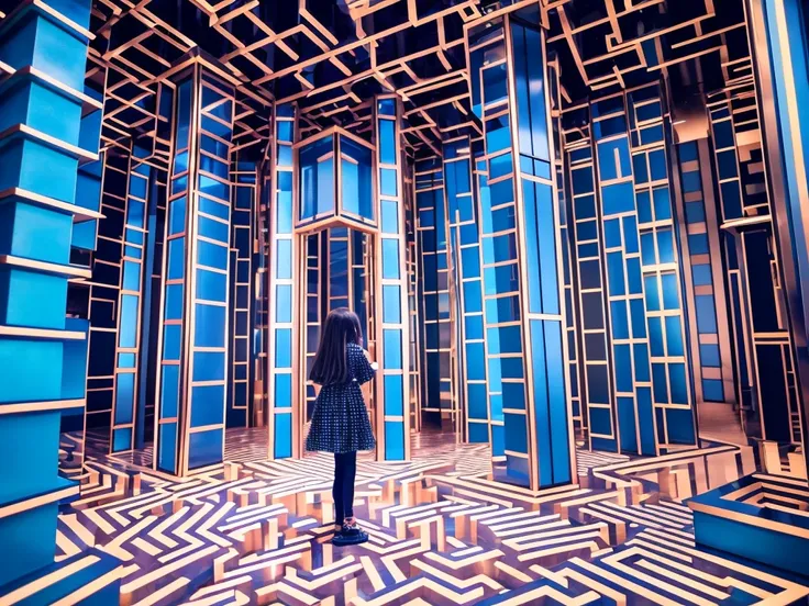 Eight-year-old girl standing, in a three-dimensional maze, geometric, uneven floor and tower in front of her, high quality image.