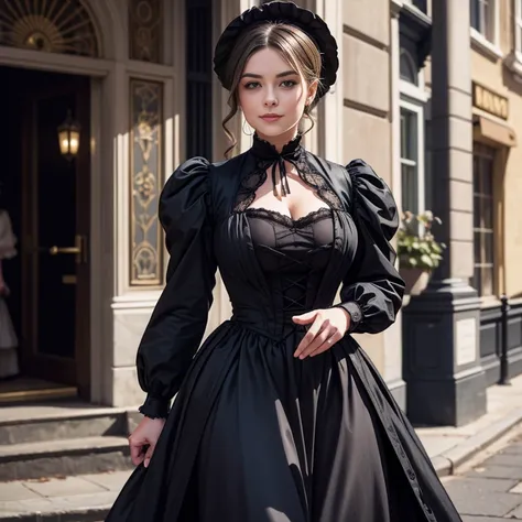 Hyper-realistic, masterpiece, screen shot, best quality, beautiful portrait, close-up zoom, high resolution, 8k, 1girl, smiley cocky smirk, a woman in a black dress, plus size model, plump, walking down a street, walking in evening, Victorian lady, a beaut...