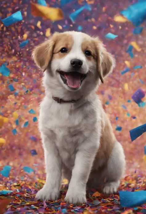 Cute puppy excitedly playing in swirling cloud of colorful confetti at festival, confetti raining down around happy puppy, hyperdetailed, detailed matte painting, Unreal Engine 5, beautiful composition, deep color, fantastical, intricate detail, fantasy co...