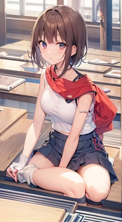  Troubled expression Raise hand Maki Horikita Beautiful girl Junior high school student White tank top Navel exposed Beautiful legs Track and field appearance Club activities Japanese classroom Small breasts Slender short stature Short hair Brown hair Whol...