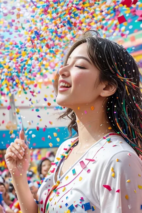 Intricately detailed, ultra high definition, 超高分辨率, masterpiece, random angles, shiny and vibrant, colorful confetti, beautiful and playful, pretty and whimsical, (huge confetti shower: 1.2), scattered and floating, delicate and light, celebratory atmosphe...