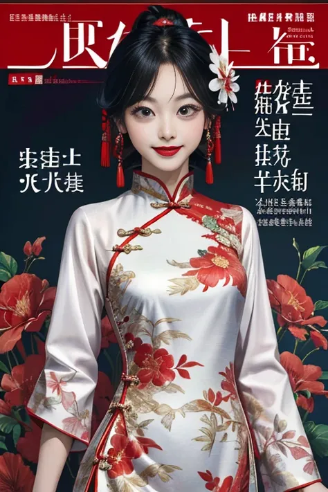 1girll,Upper body,fashi-girl,china dress,Chinese clothes,hair flower,(Masterpiece:1.4),(Best quality:1.4),(Shiny skin),Red lips,view the viewer,Smile，MagazineCover