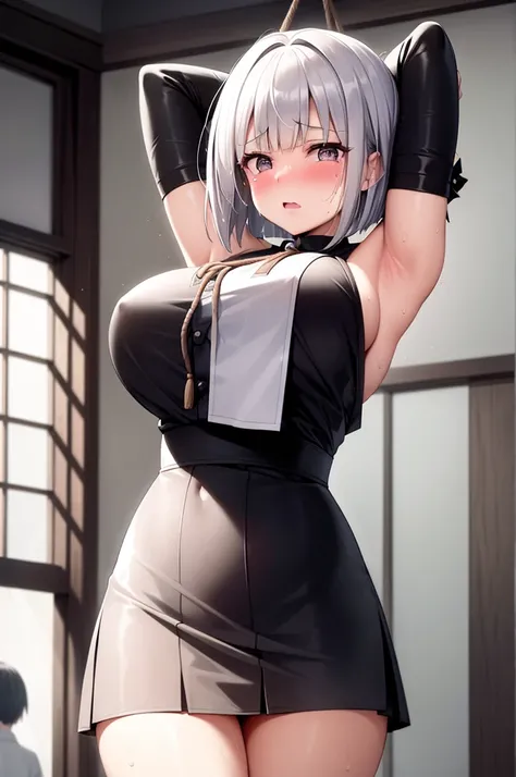 high quality、Beautiful woman with both hands tied with a rope above her head、Arms tied with ropes、show both sides、big 、bob cut、Very embarrassed、silver hair、sweaty、Completely naked、adult、cry、indoor、black and white maid uniform、thighs、skirt、Voluptuous