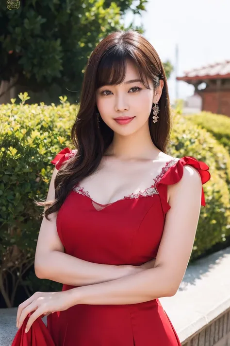 Medium view, medium shot, Depth of bounds written, bust, Upper body, cinematic angle, masterpiece, highest quality, Super detailed, cg, 8k wallpaper, beautiful face, delicate eyes, maiden, alone, smile, bangs, skirt, shirt, have, Crimson dress, bow, petal,...