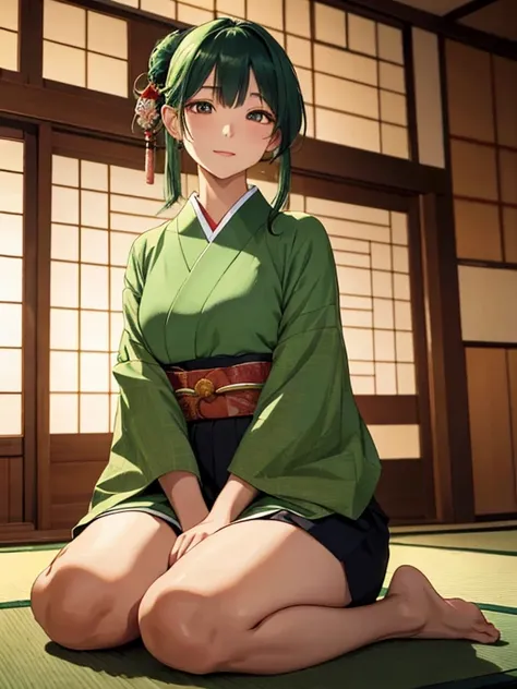 Masterpiece, top quality, high resolution, 50-year-old beautiful woman, sitting gracefully on a traditional tatami mat, vibrant and lustrous bright green hair flowing behind her. Her bangs are elegantly raised and tied up, framing her face with a hint of a...