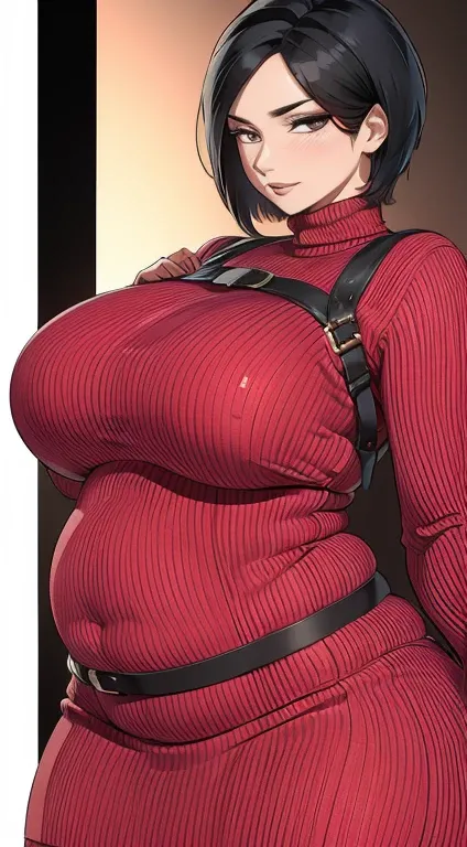 high resolution, 1women, mature female, solo, hips up, ((big plump belly)), belly filling out dress, thick thighs, red sweater, belt, black hair, (facial clarity:1.3), short hair, intricate details, long eyelashes, thick eyelashes, short hair, blushing, gr...