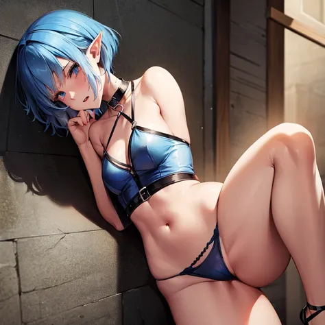 Short Blue hair, elf slave girl, skimpy lingerie, crying, distressed, sad, tortured, collar and leash, sold at auction, slave auction, sold as a slave