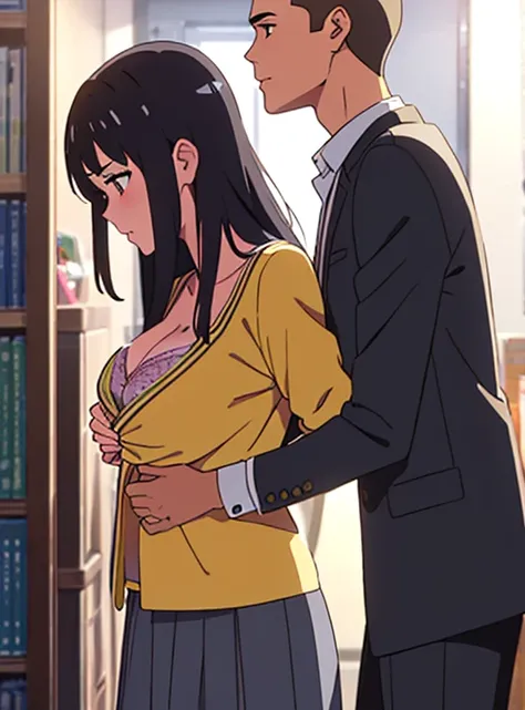 shinkai makoto, kimi no na wa., 1boy, buzzcut,office suit, boy caressing girls body, kiss cheeks, passionate hug, boy is hugging from behind, breast groping from behind, 1girl, bangs, black hair, brown eyes, Twisted Half Up, red ribbon, long hair, yellow b...