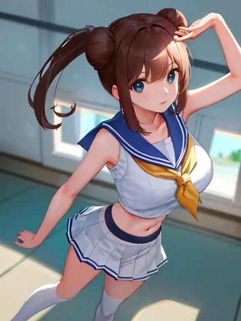 top quality、realistic touch,high details、photoreal stick、thin waist、beauty in captivity、big eyes、brown hair, Blue-eyed, hair bun, Two-pronged、Full Body Sbian、sparkling eyes, My cheeks turned red.、thin waist、In the school classroom、she is in heat、sailor sui...