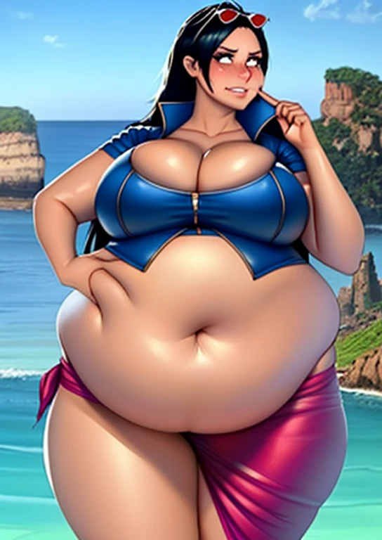 art by kipteitei, 1girl, nico robin, aqua eyes, black hair, breasts, cleavage, panting, blushing, strained expression, discomforted, eyes looking up,  collared jacket, cowboy shot, crop top, cropped jacket, eyewear on top of head, hair slicked back, hand u...