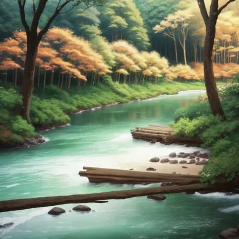 high resolution，masterpiece，wood々が生い茂る緑豊かな森の中を流れる小riverの絵, detailed painting 4k, Mountain、river、wood, Anime scenery wallpapers, Beautiful art UHD 4K, anime countryside landscape, Detailed Landscape - Width 672, beautiful digital paintings, 4K high-definiti...