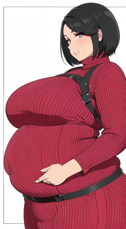 high resolution, 1women, mature female, solo, hips up, ((obese plump belly)), belly filling out dress, thick thighs, ((red sweater)), belt, black hair, (facial clarity:1.3), short hair, intricate details, long eyelashes, thick eyelashes, short hair, blushi...