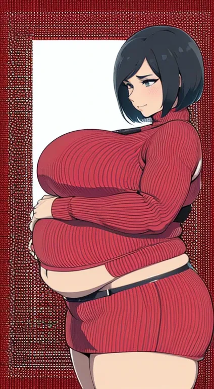 high resolution, 1women, mature female, solo, hips up, ((obese plump belly)), belly filling out dress, thick thighs, ((red sweater)), belt, black hair, (facial clarity:1.3), short hair, intricate details, long eyelashes, thick eyelashes, short hair, blushi...