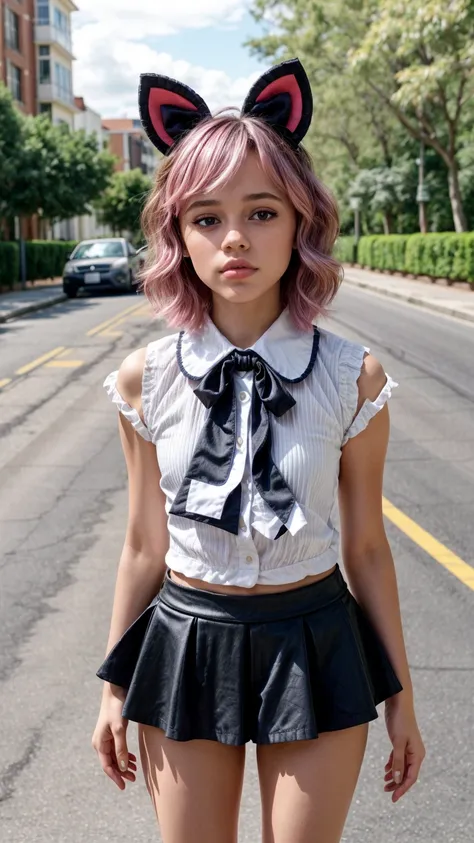 jenna ortega(jortega), skistyle, 1girl, solo, (pink hair), animal ears, blue eyes, wings, looking at viewer, bangs, short hair, bow, sailor collar, white sailor collar, hair bow, pink bow, closed mouth, shirt, white shirt, bear ears, bob cut, mini wings, p...