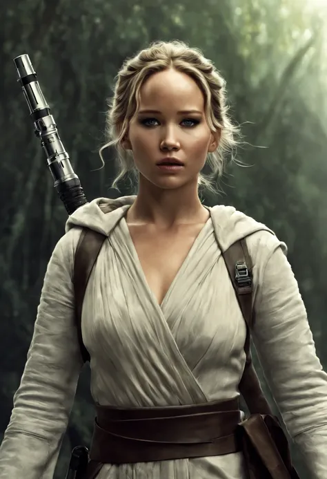 jennifer lawrence as a fierce jedi warrior from star wars, cinematic, fantasy, surreal digital art, medium shot