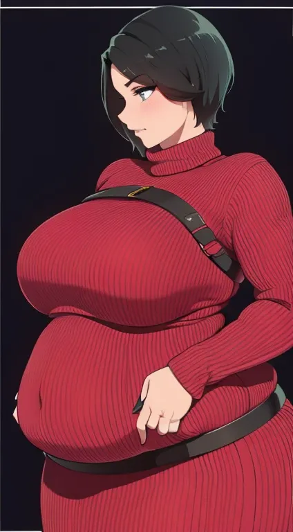 high resolution, 1women, mature female, solo, hips up, ((obese plump belly)), belly filling out dress, thick thighs, ((red sweater)), belt, black hair, (facial clarity:1.3), short hair, intricate details, long eyelashes, thick eyelashes, short hair, blushi...