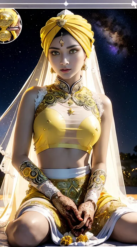 1 27 year old solo girl, 1 zodiac goddess from the future, goddess wearing a bridal gown, 21st century traditional ao dai and turban style, 12 pink and purple zodiac signs, goddess wearing white shirt, red and yellow silk pants, red and white tight-fitting...