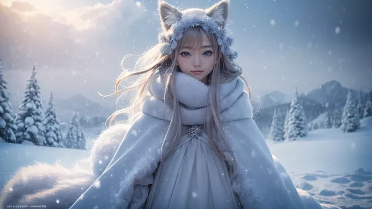 (Raw photo: 1.2), (realistic: 1.4), (highest quality: 1.4), (ultra high resolution: 1.2), (very detailed: 1.3), (HDR: 1.2), (cinematic lighting: 1.3)、fine eyes、detailed face、look up、fine fur、(snow background: 1.2), cute fox, standing pose, (3/4 length: 1.2...