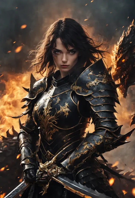 beautiful girl in heavy armor, fine face, holds a great sword, in battle, dragon knight, black armor with gold,burning eyes