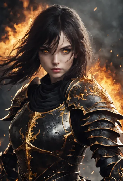 beautiful girl in heavy armor, fine face, holds a great sword, in battle, dragon knight, black armor with gold,burning eyes