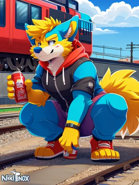 solo, male, (by nikkibunn, xnirox, slimefur, vergence, hyilpi, higsby, jadysilver, pache riggs), on a train track, squatting, trains, rebel, doing graffiti on a train, holding a spray can