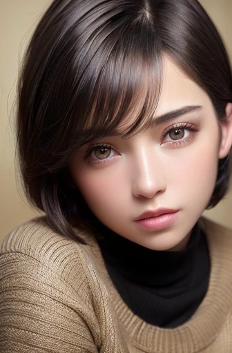 (masterpiece:1.3), (8K, realistic, RAW photo, highest quality: 1.4), (1 girl), beautiful face, (realistic face), (black hair, short hair:1.3), beautiful hairstyle, realistic eyes, beautiful and fine eyes, (realistic skin), beautiful skin, (sweater), disorg...