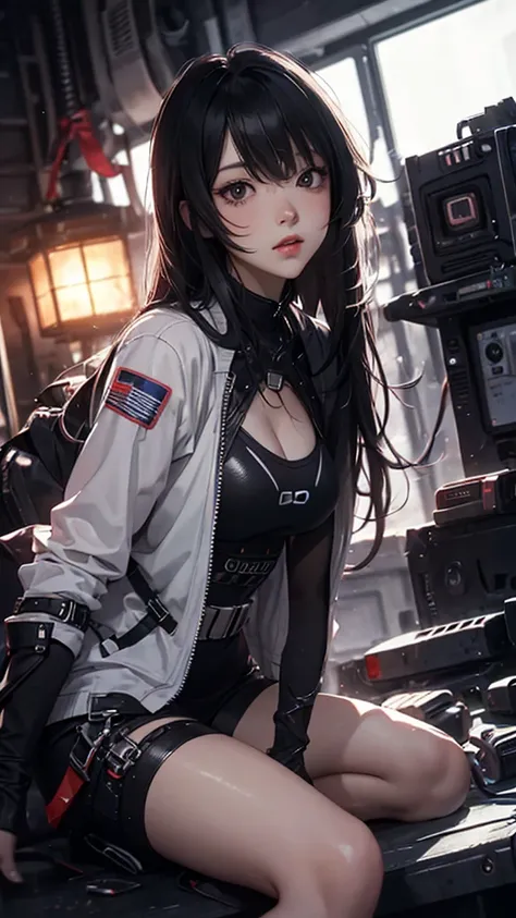 ((Highly detailed CG unit 8k wallpaper, masterpiece, High resolution, highest quality)), (Beautiful woman, put one&#39;s hand in one&#39;s pocket:1.2, Sitting on the ground:1.2, cyber punk系ファッション), ((highly detailed face, Highly detailed black eyes, detail...