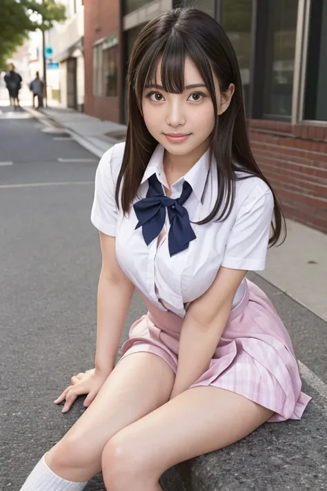 Representative works, highest quality,(10 year old cute Japanese woman:1.5),(Detailed young face:1.9),(very shy look:1.3),(thin legs:1.9),(Relax in the downtown area:1.8),(high school girl uniform:1.8),(droopy eyes:1.9),(big breasts:1.9),(smooth straight h...