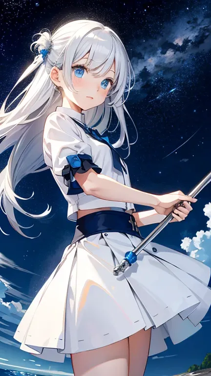 Unlimited starry sky，A girl floats，white skirt，Silver hair and blue eyes，holding a staff