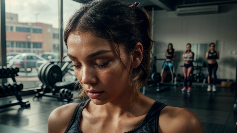  a woman  in a gym club , tumblr, photorealism, ,beautiful!, perdita weeks!,::  ,:: madison beer, streaming, pigtail, photorealistic - h 6 4 0, 🎀 🧟🍓 🧚, see, live2d, looks like laura barriales, —ar 16:9, sam nassour, 5 0 s, insanely cute, straight eyebrows,...