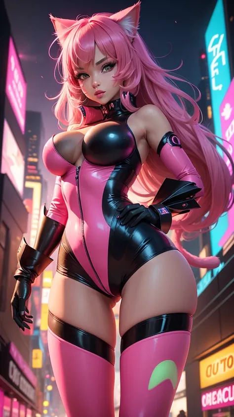 Gorgeous cat girl, futuristic sexy costume, Open legs, touch, big breasts, big ass, Slim waist, front view, city   of the future, neon lighting, Bright Pink Hair, hot pink suit, cat ears, cat tail