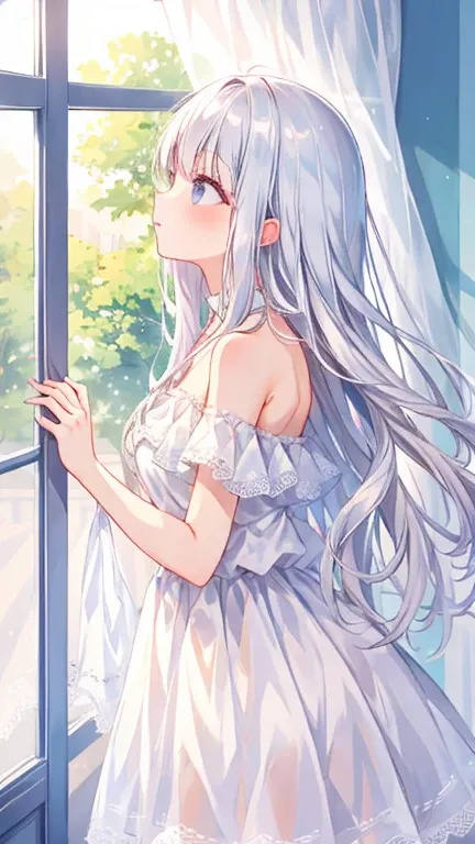 pretty girl, white dress, open shoulder, Lace skirt, silver hair, From the side, long hair, look up, window, curtain, sunlight, shiny hair