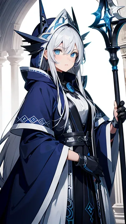 a girl，Silver hair and blue eyes，With a big hood，Holding a gorgeous staff，Wearing an exquisite half-mask on his face