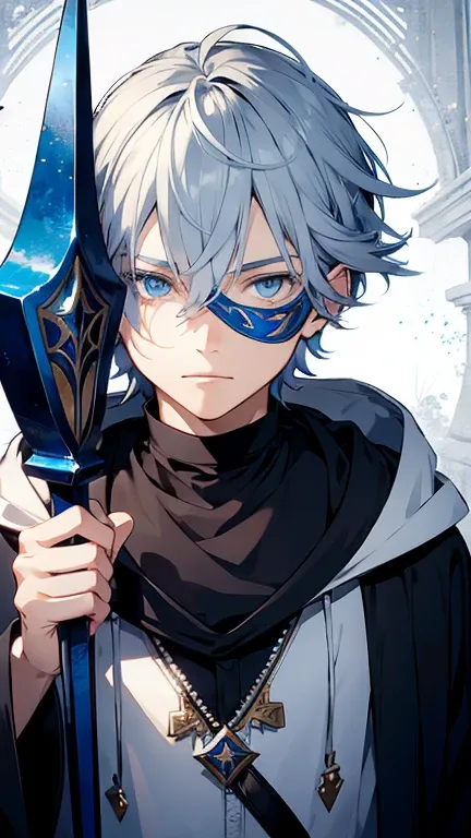 a boy，Silver hair and blue eyes，With a big hood，Holding a gorgeous staff，With a beautiful mask on his face