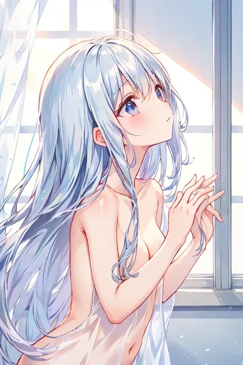 pretty girl, Completely naked、 silver hair, From the side, long hair, look up, window, curtain, sunlight, shiny hair