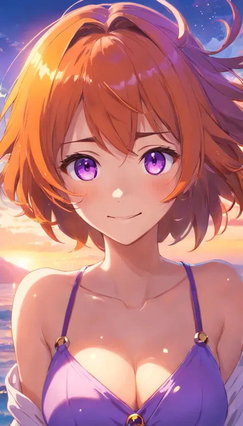 A woman whose image color is orange,big breasts,Purple eyes shining with gemstones,[embarrassed look:1.5]，smile,Look up at your head，beautiful eyes，Cute faces in anime，Orange short bob hair,hands behind head,8k images