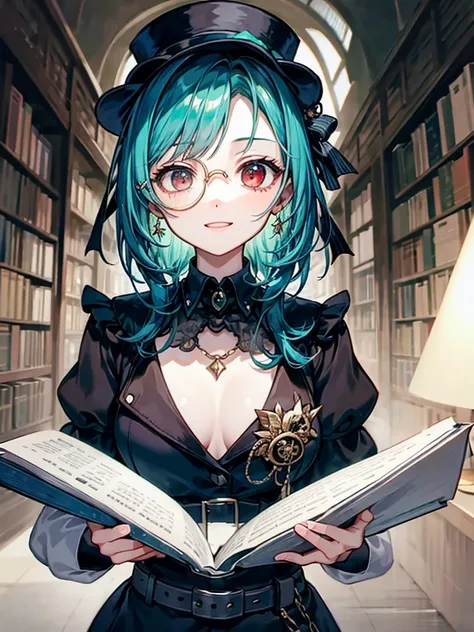 （（（masterpiece、Highest image quality、highest quality、highly detailed unity 8ｋwallpaper）））、（（Illustration of one girl、upper body））、（（（beautiful girl）））、（librarian）、（Emerald green hair、messy hair、sidelocks：1.2、red eyes、crazy smile）、（（（flat chest）））、（（（monocl...