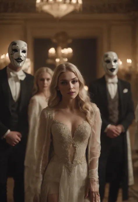 A group of masked men with a blonde girl in the middle, She wearing High hells and are so excited, in a dark room of a real palace, full figures 