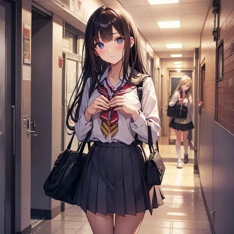 High school girl passing a heart-shaped box with both hands in the school hallway