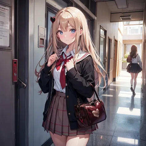 High school girl passing a heart-shaped box with both hands in the school hallway