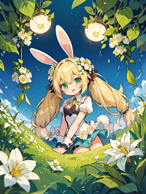 (best quality,high resolution:1.2), unbelievably surreal:1.3, incredibly fine illustration
destroy
1girl, alone, twintail, blonde hair, green eyes, rabbit
(flowers:1.5), fantasy land, fairy lights, rabbit