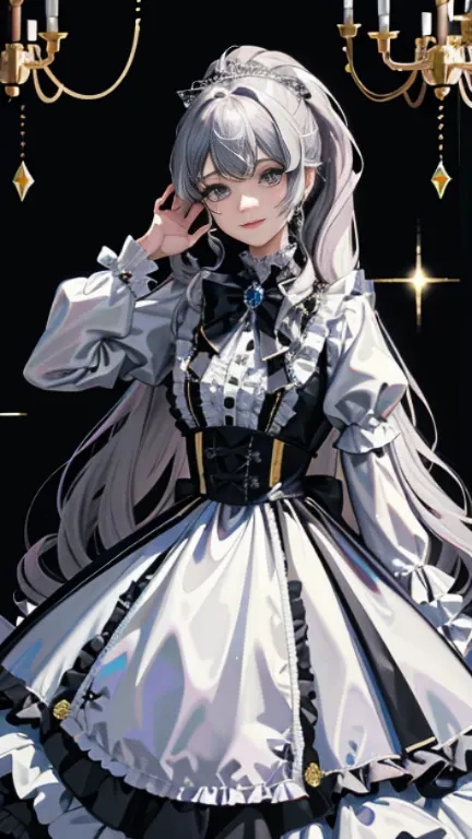 dramatic composition, coat style dress, royal, nice, カスケードfrills, frills, bow, crystal chandelier, roman curly hairstyle, ponette, double ponytail like a drill, look at the camera, bangs, maximalism, palace background, Delicate depiction of hair and eyes, ...