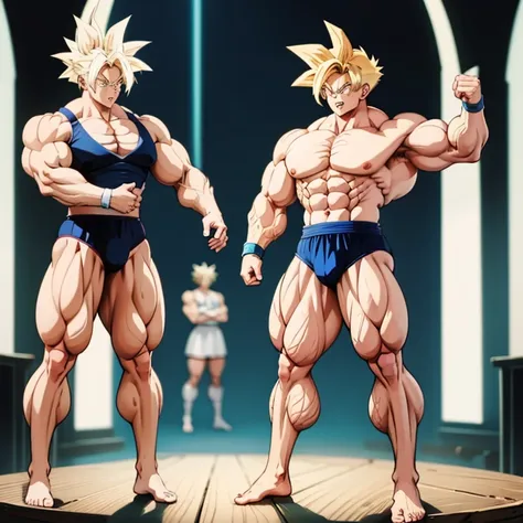 anime-stil , high quality full body image of goku as a bodybuilder, ist&#39;ich trage nur einen tanga , ohne schuhe, feet, bare ...