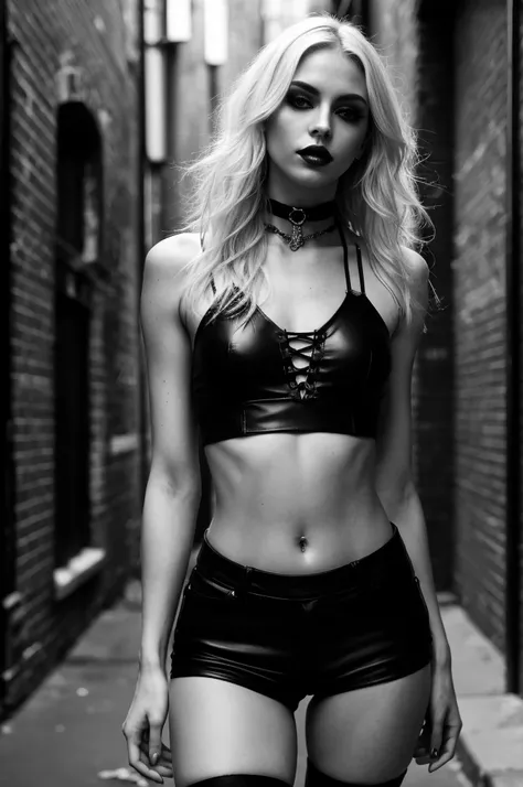 (realistic,photography:1.2),slim sexy woman,gothic aesthetic,gothic fashion,seductive,tight strappy crop top,very tight short hotpants,blonde messy hair,black make up,close-up,full body shot,dark background,mysterious lighting,intense gaze,standing in a di...