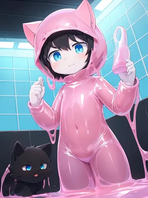 4K，8k，high resolution，masterpiece, best quality，blue eyes, hairy, alone, Wearing a pure pink slime suit， wet fur, Pink slime drowned，((black cat，Shota))in laboratory，black cat贴史莱姆身上