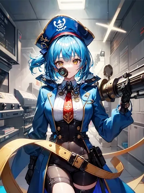 （（（masterpiece、Highest image quality、highest quality、highly detailed unity 8ｋwallpaper）））、（（Illustration of one girl、upper body））、（（（beautiful girl）））、（fantasy、female pirate）、（Light light blue hair、short ponytail：1.2、yellow eyes）、（（（Right hand is a prosthe...