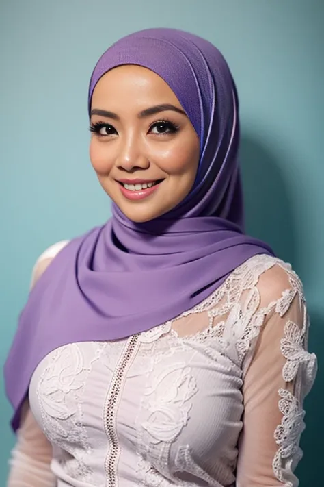 Matured Malay women in hijab wearing sexy satin lace lilac color bra and panties, portrait photography, 35 years old, mid shot photo, ultra detail, professional photograph with professional lighting, smile, light blue studio background, sexy seducing pose,...