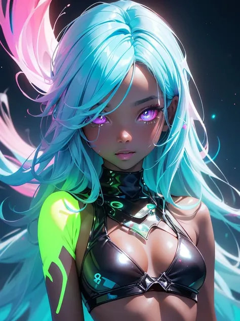 (masterpiece, high quality, high resolution, absurd, super detailed, High saturation、8k),real:1.5,solo,(bikini),cute girl,neat and clean、sexy、dark skin、oil skin、glowing eyes、(fluorescence hair),(colorful fluorescence hair:1.5)、 ,colorful,